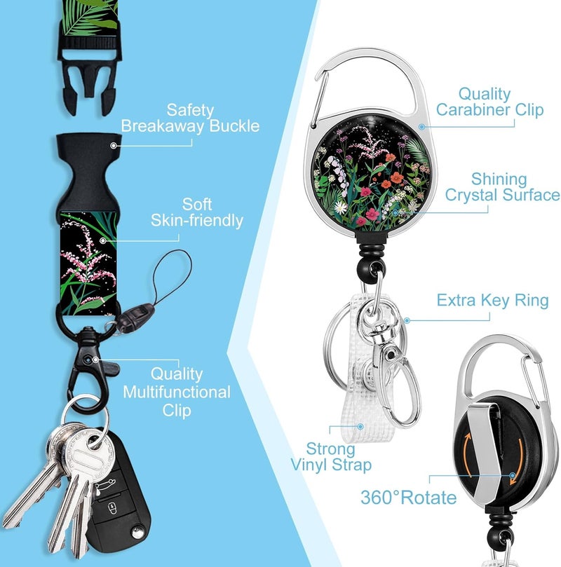 Piefly ID Badge Holder with Breakaway Lanyards, Flowers Floral Badge Holder with Lanyard, Retractable Reel Keychain Name Tag Lanyard Vertical ID Card Protector for Women Teacher Nurses Doctor Student - Image 4